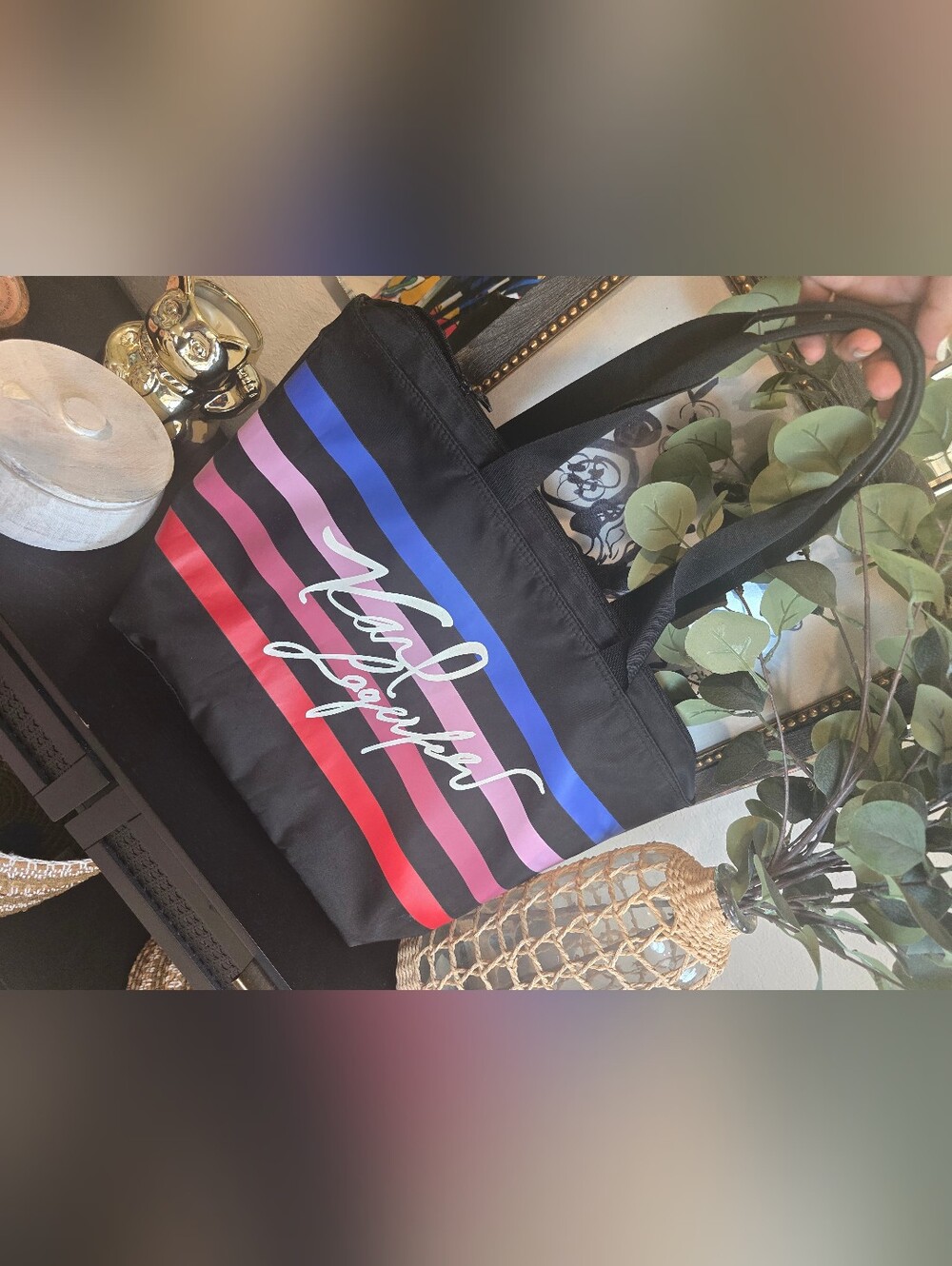 KARL LAGERFELD rainbow Striped Logo Zip Top Tote Bag Lined Double Handles